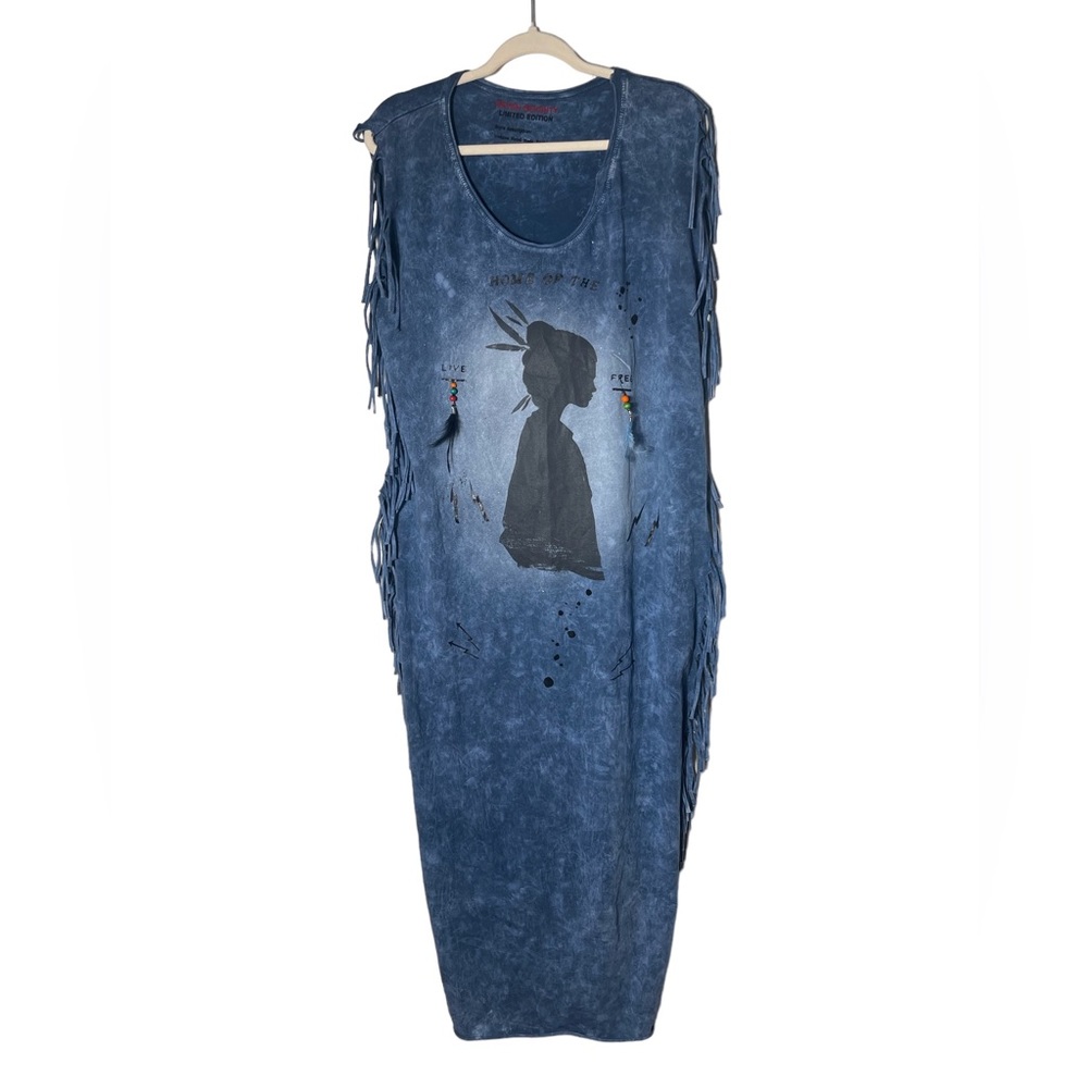Seven Seventy Limited Edition Indigo Tie Dye Dress with fringed sides. Size L